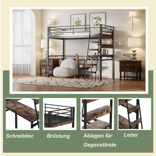 Lit Mezzanine 90x200cm, Sans Matelas, Avec Bureau, Étagères, Barreaux, Échelle, Cadre Métal, Noir