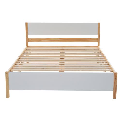Lit D'adulte, Double, Cadre En Pin Avec Pied Central, Blanc + Naturel, 140x200 Cm