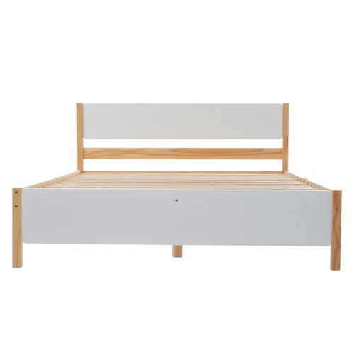 Lit D'adulte, Double, Cadre En Pin Avec Pied Central, Blanc + Naturel, 140x200 Cm