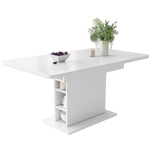 Table à Manger Extensible (1 Pièce), Table En Aggloméré Blanche Avec Rangement