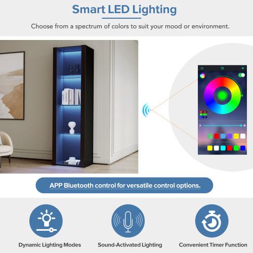 Vitrine En Noir Brillant Avec Éclairage LED, 3 Étagères En Verre, 55 X 38 X 166 Cm