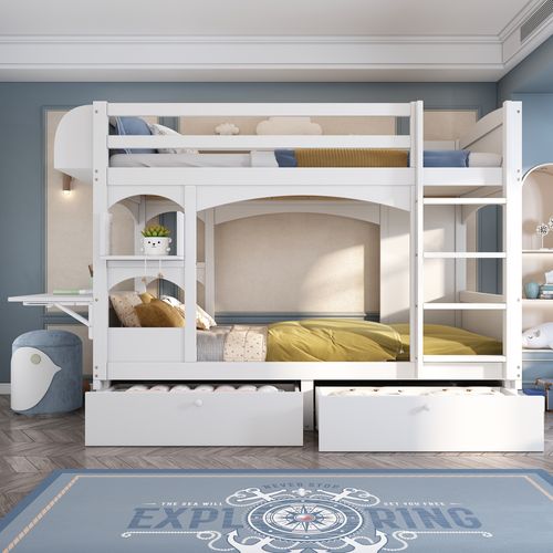 Lit Maison Enfant 90x200 Cm Blanc En Pin Avec Étagères Et Tiroirs De Rangement
