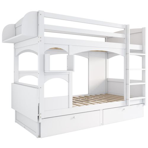 Lit Maison Enfant 90x200 Cm Blanc En Pin Avec Étagères Et Tiroirs De Rangement