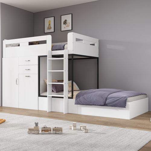 Lit Superposé Enfant Multifonction 90x200 Avec Bureau Escamotable Et Rangements