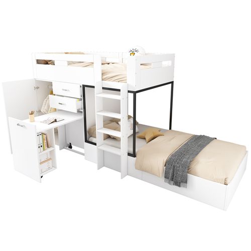 Lit Superposé Enfant Multifonction 90x200 Avec Bureau Escamotable Et Rangements