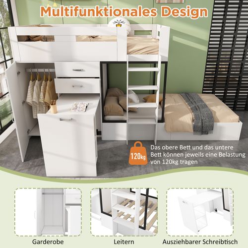 Lit Superposé Enfant Multifonction 90x200 Avec Bureau Escamotable Et Rangements