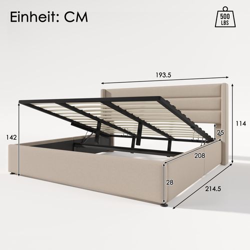 Lit Coffre Double 180x200 Cm Beige En Lin Avec Base Hydraulique Et Tête Rembourrée