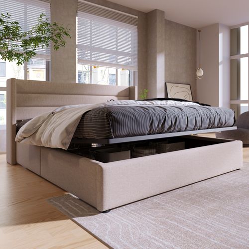 Lit Coffre Double 180x200 Cm Beige En Lin Avec Base Hydraulique Et Tête Rembourrée