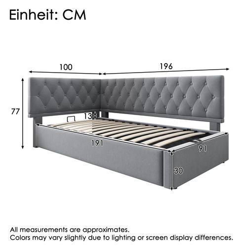 Daybed 90x190 Cm Gris En Velours Avec Rangement Hydraulique Et Structure Solide
