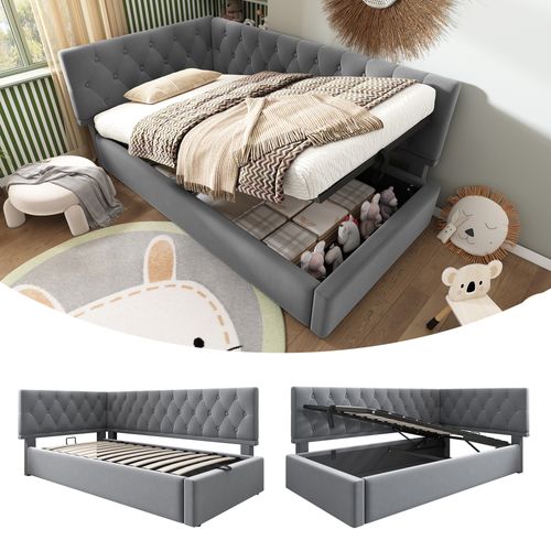 Daybed 90x190 Cm Gris En Velours Avec Rangement Hydraulique Et Structure Solide