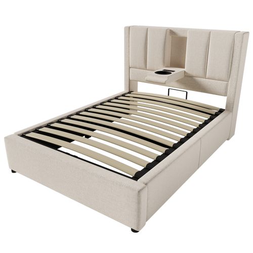 Lit Rembourré 90x200 Avec Station De Charge, Porte-gobelet Et Rangement, Beige