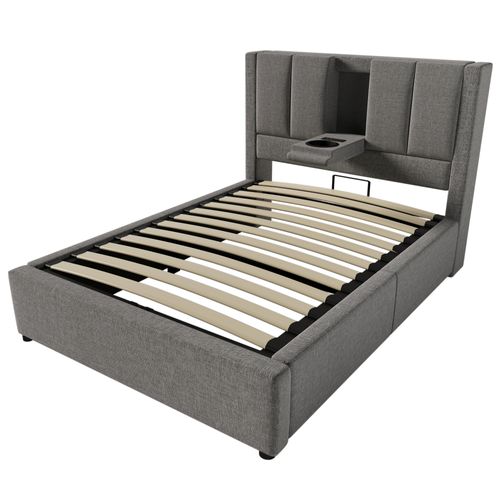 Lit Rembourré 90x200 Avec Porte-gobelet Et Station De Charge Intégrée, Gris