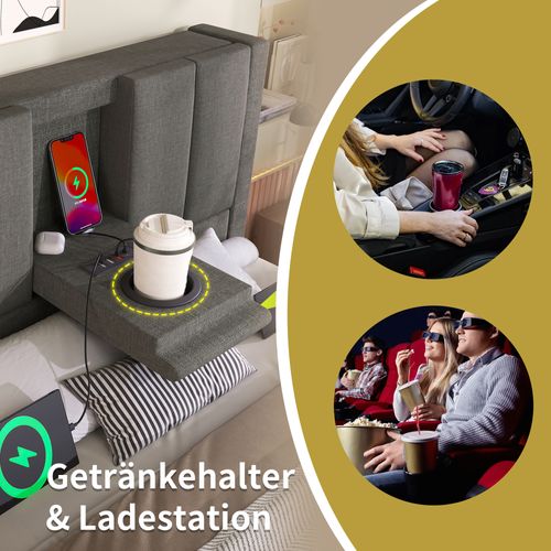 Lit Rembourré 90x200 Avec Porte-gobelet Et Station De Charge Intégrée, Gris