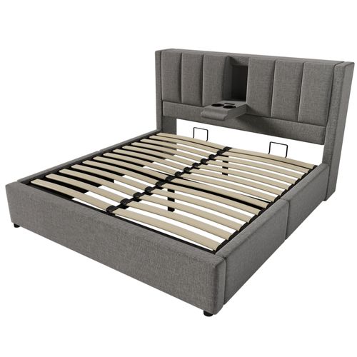 Lit Rembourré 140x190 Avec Station De Charge Et Rangement Hydraulique, Gris