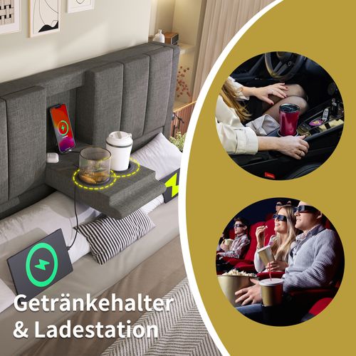 Lit Rembourré 140x190 Avec Station De Charge Et Rangement Hydraulique, Gris