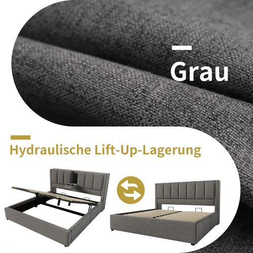 Lit Double 180x200 Avec Rangement Hydraulique Et Station De Charge, Gris