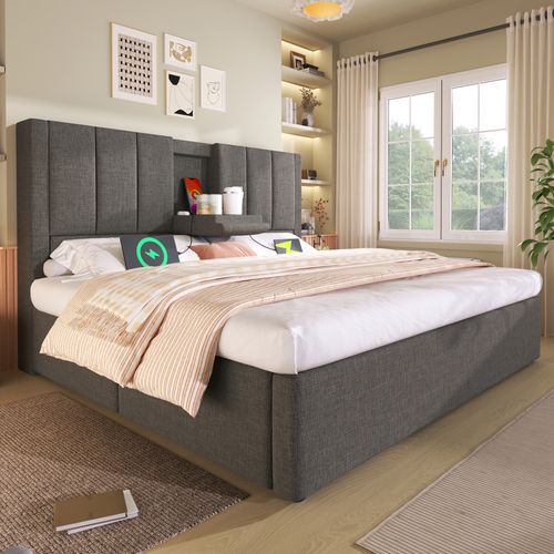 Lit Double 180x200 Avec Rangement Hydraulique Et Station De Charge, Gris