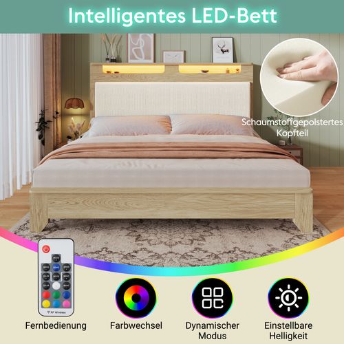 Lit Double 140x200 Cm Chêne Clair Avec LED Et Rangement Intégré