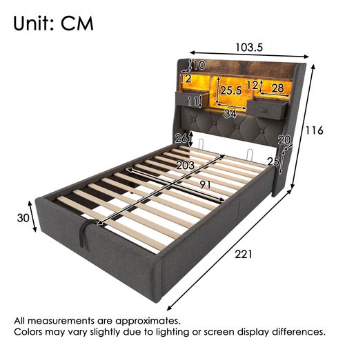 Lit Simple 90x200 Cm Avec LED, Rangement Hydraulique Et Ports USB