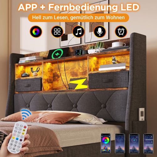 Lit Simple 90x200 Cm Avec LED, Rangement Hydraulique Et Ports USB