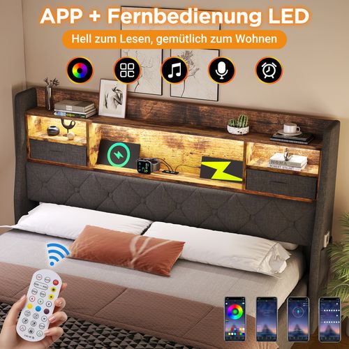 Lit Double 140x200 Cm Avec LED, Rangement Hydraulique Et Ports USB