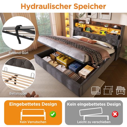 Lit Double 140x200 Cm Avec LED, Rangement Hydraulique Et Ports USB