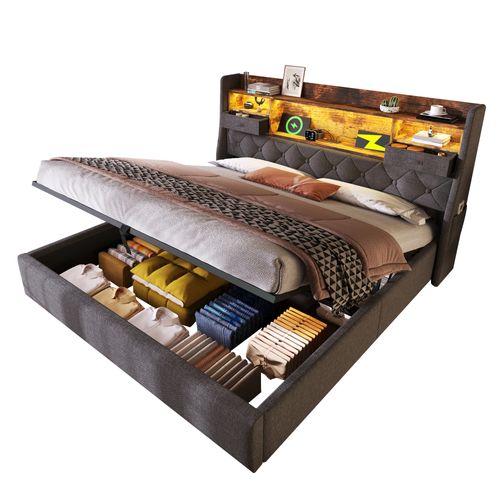 Lit Double 140x200 Cm Avec LED, Rangement Hydraulique Et Ports USB