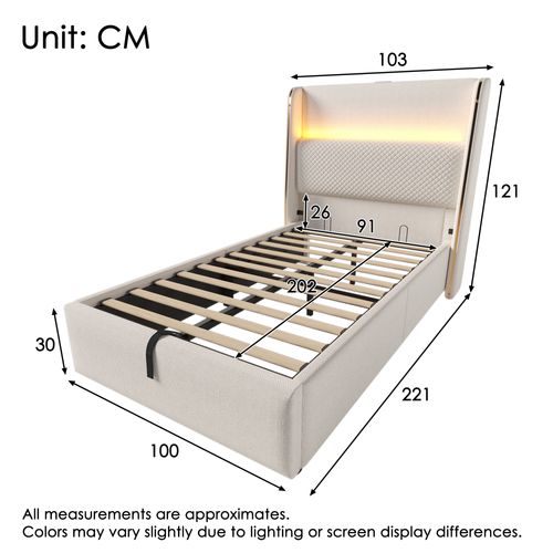 Lit Simple 90x200 Cm Avec LED, Rangement Hydraulique Et Ports USB