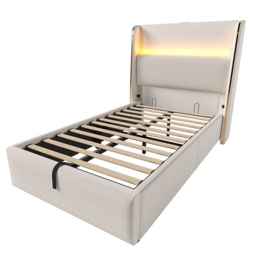 Lit Simple 90x200 Cm Avec LED, Rangement Hydraulique Et Ports USB