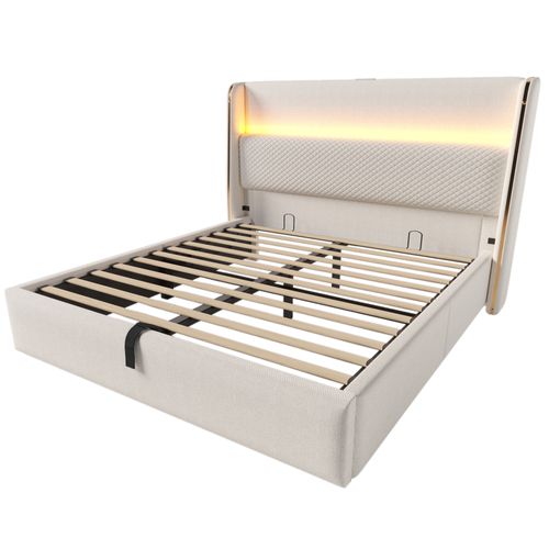 Lit Double 140x200 Cm Beige Avec Tête Haute, LED Et Rangement