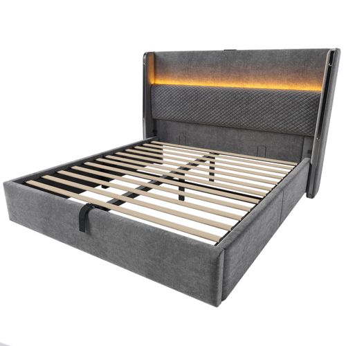 Lit Double 140x200 Cm Gris Avec Tête Haute, LED Et Rangement