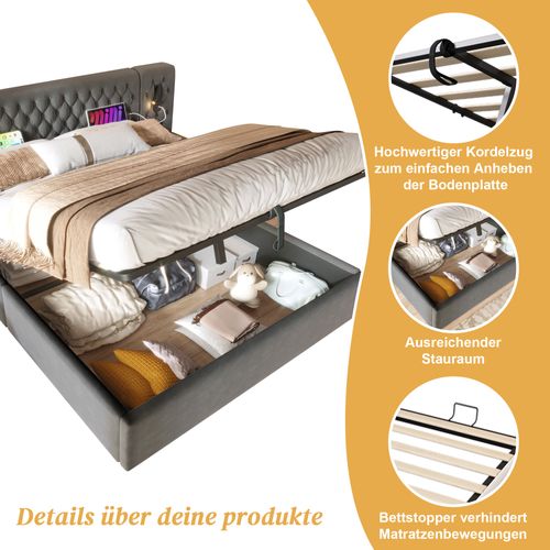 Lit Double 160x200 Cm Gris En Velours Avec Tiroirs Et Tables De Chevet