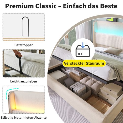 Lit Double 180x200 Cm Beige En Lin Avec LED, Rangement Et Ports USB/type-c