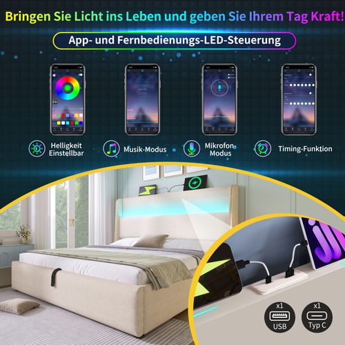 Lit Double 180x200 Cm Beige En Lin Avec LED, Rangement Et Ports USB/type-c