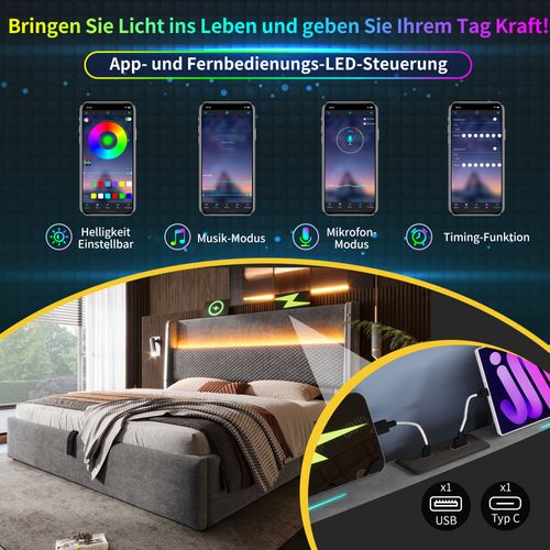 Lit Double 180x200 Cm Gris En Lin Avec LED, Rangement Et Ports USB/type-c