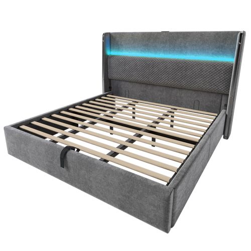 Lit Double 180x200 Cm Gris En Lin Avec LED, Rangement Et Ports USB/type-c