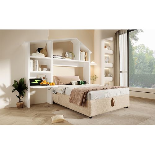 Lit Enfant 90x200 Cm Avec Rangement Hydraulique Et Bibliothèque Naturelle