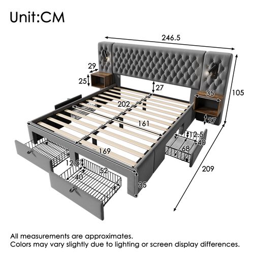 Lit Double 160x200 Cm Complet Avec Tiroirs, Tables Et LED Gris