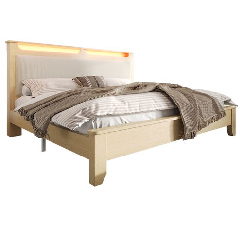 Lit Double 140x200 Cm En Chêne Clair Avec Tête LED Et Rangement