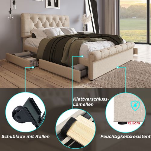 Lit Double 140x200 Cm Chesterfield Avec 4 Tiroirs Et Tête Réglable