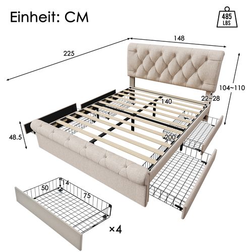 Lit Double 140x200 Cm Chesterfield Avec 4 Tiroirs Et Tête Réglable