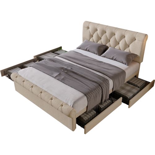 Lit Double 140x200 Cm Chesterfield Avec 4 Tiroirs Et Tête Réglable