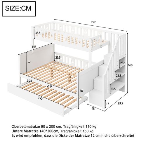 Lit Superposé Enfant 90x200/140x200 Cm Avec Lit Gigogne Et Rangement