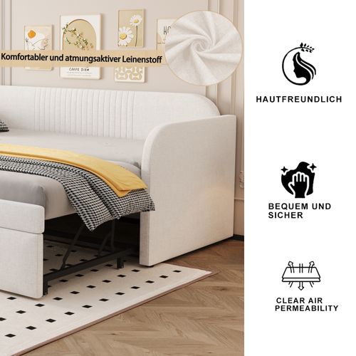 Lit Gigogne 90/180x190 Cm En Lin Beige Avec Lattenrost