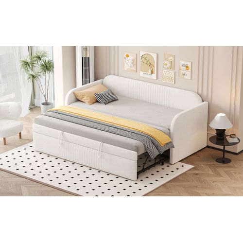 Lit Gigogne 90/180x190 Cm En Lin Beige Avec Lattenrost