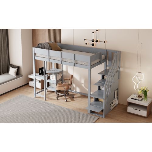 Lit Mezzanine Multifonction 90x200 Cm En Pin Massif Avec Rangement Et Étagère – Gris