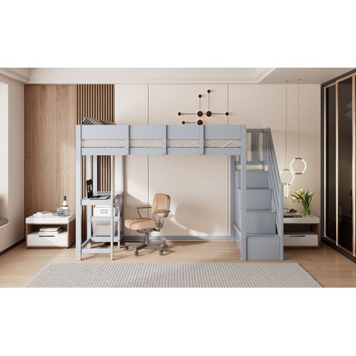Lit Mezzanine Multifonction 90x200 Cm En Pin Massif Avec Rangement Et Étagère – Gris