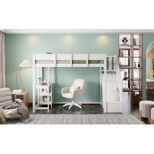 Lit Mezzanine 90x200 Cm En Pin Massif Avec Étagère Et Rangements Intégrés – Blanc