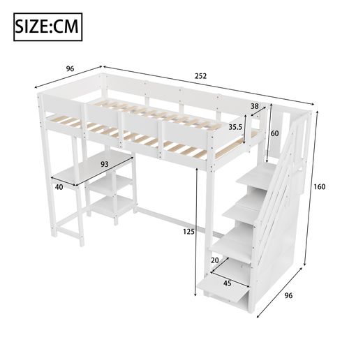Lit Mezzanine 90x200 Cm En Pin Massif Avec Étagère Et Rangements Intégrés – Blanc