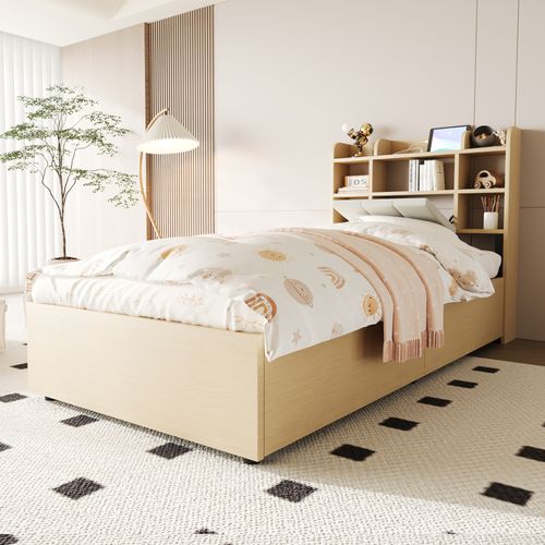 Lit Simple 90x200 Cm Avec Rangement Hydraulique, Tête De Lit Avec Niches Et Prise USB/type-c – Bois